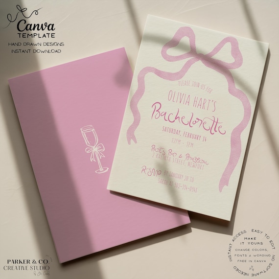 Editable Bachelorette Invitation | Hand Drawn Ribbon Design | Canva Template (Digital Download)