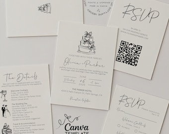 Editable Elegant Wedding Invitation Suite | Hand Drawn Wedding Cake Illustration | Canva Template (Digital Download)