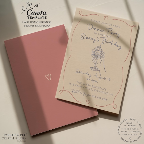 Editable Dinner Party Birthday Invitation | Hand Drawn Cocktail Design | Canva Template (Digital Download)