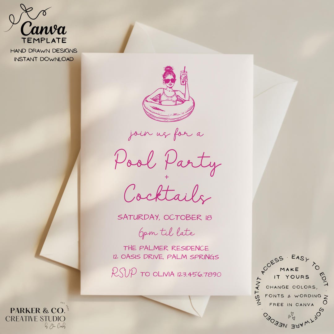 Editable Pool Party Invitation | Hand Drawn Pool Float Girl Design ...