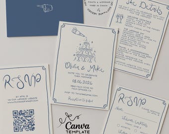 May include: A collection of wedding stationery with a blue and white color scheme. The set includes invitation cards, RSVP cards, and an envelope. The invitations feature hand-drawn designs and the text "Olivia & Mike" with event details.