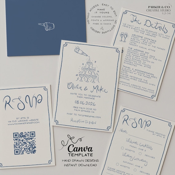 Whimsical Wedding Invitation Suite | Hand Drawn Champagne Tower Design | Editable Canva Template (Digital Download)
