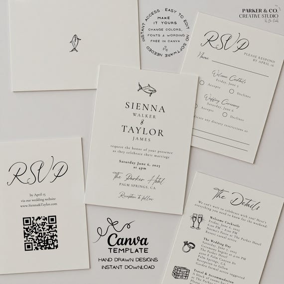 Mediterranean Wedding Invitation Suite | Elegant Hand Drawn Fish Design | Editable Canva Template (Digital Download)