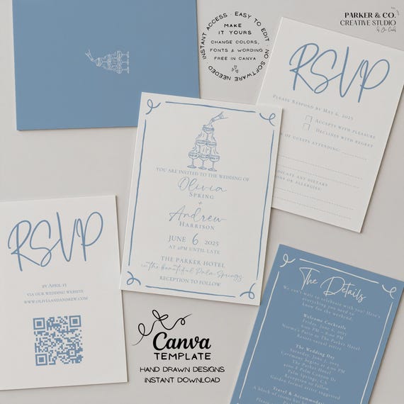 Champagne Tower Wedding Invitation Suite | Hand Drawn Editable Canva Template (Digital Download)