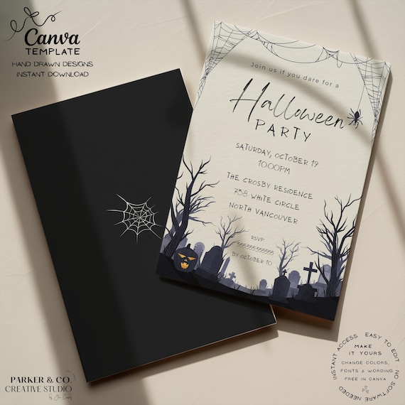 Halloween Invitation Template | Editable Digital Download | Spooky Graveyard Design | Canva Template