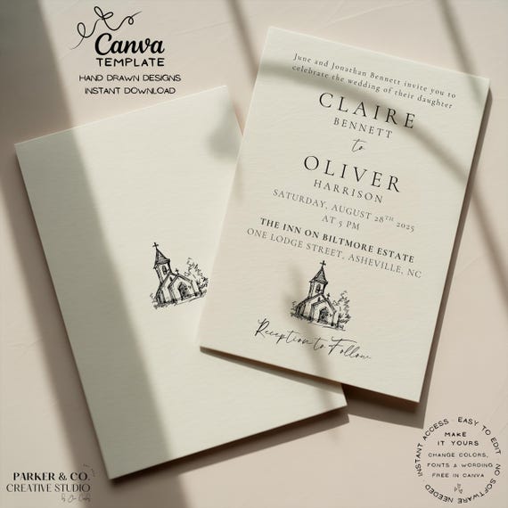 Wedding Invitation Template | Hand Drawn Formal Church Design | Editable Canva Template (Digital Download)