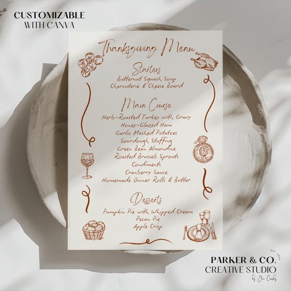 Editable Thanksgiving Menu | Food & Wine Design | Canva Template (Digital Download)