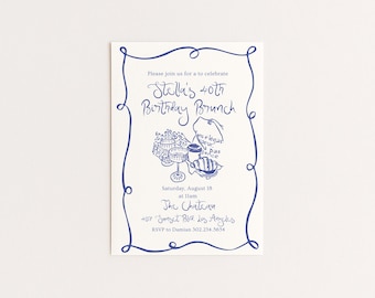 Editable Brunch Party Birthday Invitation | Hand Drawn Parisian Brunch Design | Canva Template (Digital Download)
