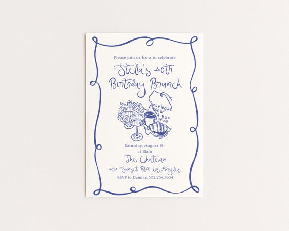 Editable Brunch Party Birthday Invitation | Hand Drawn Parisian Brunch Design | Canva Template (Digital Download)