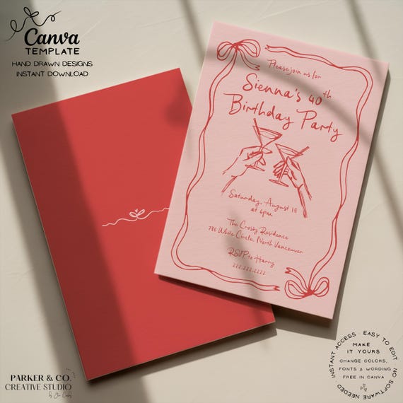 Editable Cocktail Party Invitation | Hand Drawn Martini Design | Canva Template (Digital Download)