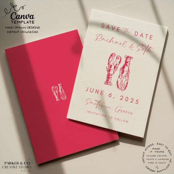 Editable Save the Date | Hand Drawn Nautical Mediterranean Lobster Design | Canva Template (Digital Download)