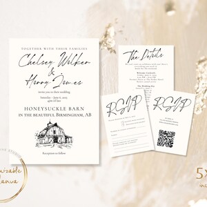 Conjunto de convites de casamento rústicos personalizados desenhados à mão | Modelo editável do Canva | Download digital