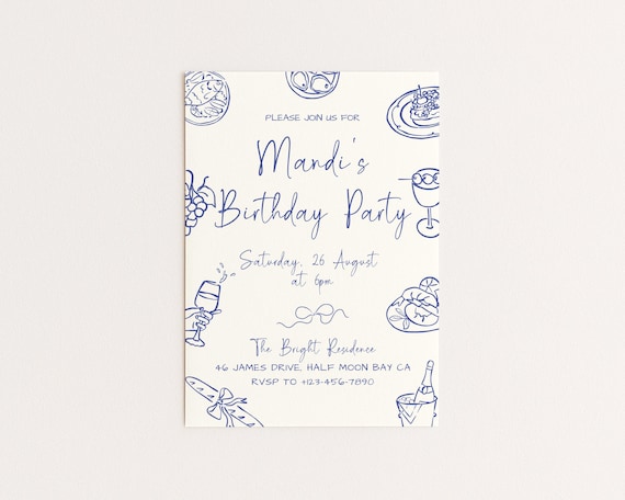 Editable Party Invitation | Hand Drawn Food & Wine Design | Canva Template (Digital Download)
