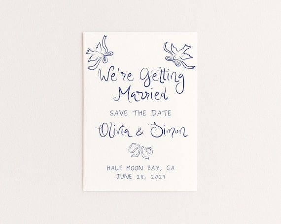 Whimsical Wedding Save the Date | Hand Drawn Dove & Bow Design | Editable Canva Template (Digital Download)