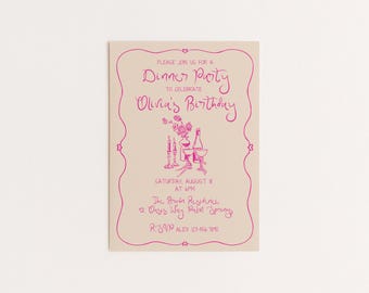 Editable Pink Dinner Party Invitation | Hand Drawn Wine & Floral Design | Canva Template (Digital Download)