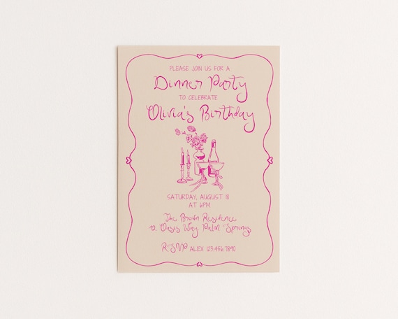 Editable Pink Dinner Party Invitation | Hand Drawn Wine & Floral Design | Canva Template (Digital Download)