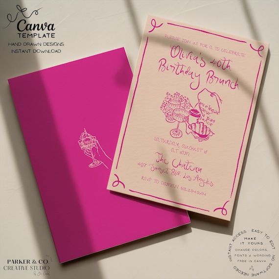 Editable Parisian Brunch Birthday Invitation | Pink Floral Design | Canva Template (Digital Download)