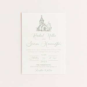 May include: A white wedding invitation card featuring a gray sketch of a church at the top. The text reads: Rachel Miller and Simon Harrington, joyfully invite you to celebrate their wedding, June 25, 2025, at 5pm, The Parker Hotel, 4200 E Palm Canyon Dr, Palm Springs, CA, Reception to follow.
