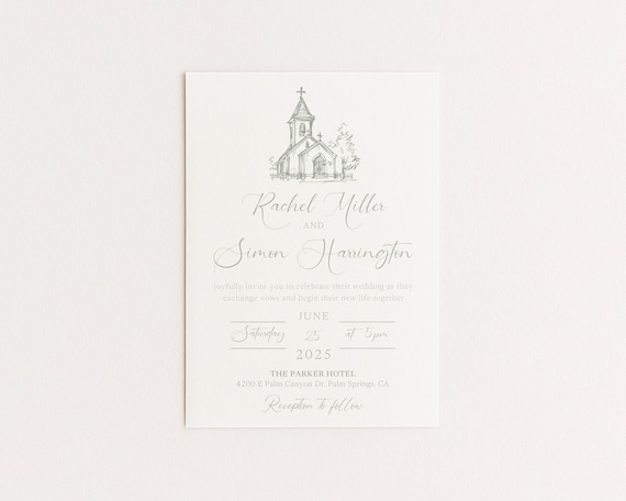 Wedding Invitation Template | Hand Drawn Sage Green Church Design | Editable Canva Template (Digital Download)