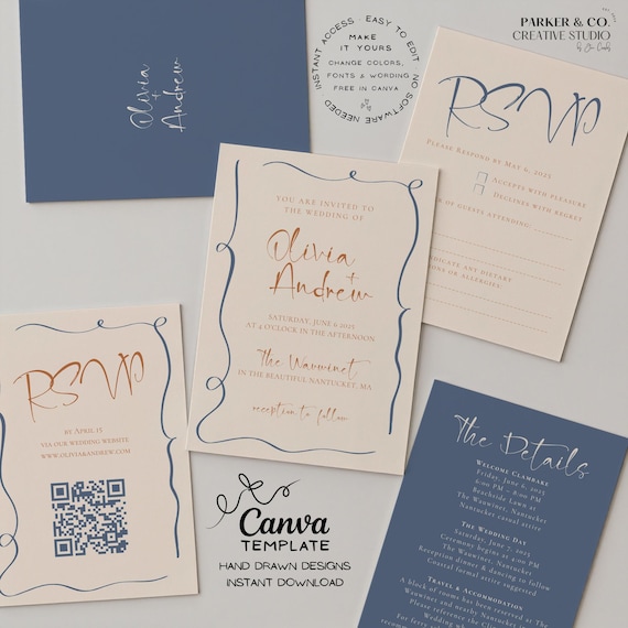 Elegant Wedding Invitation Suite | Hand Drawn Design | Editable Canva Template (Digital Download)