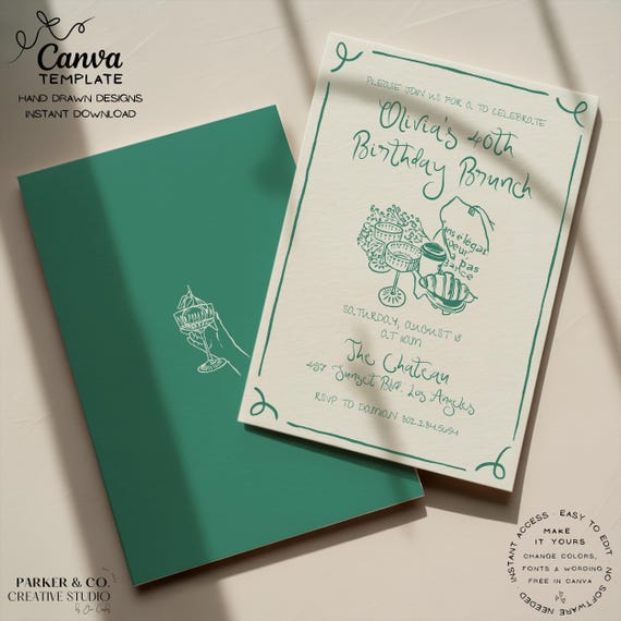 Editable Brunch Party Birthday Invitation | Hand Drawn Parisian Brunch Design | Canva Template (Digital Download)