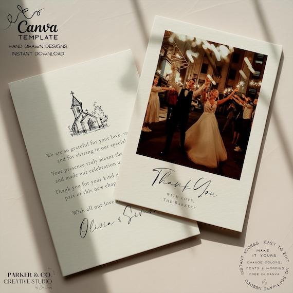 Classic Church Wedding Thank You Photo Card | Canva Template (Digital Download)