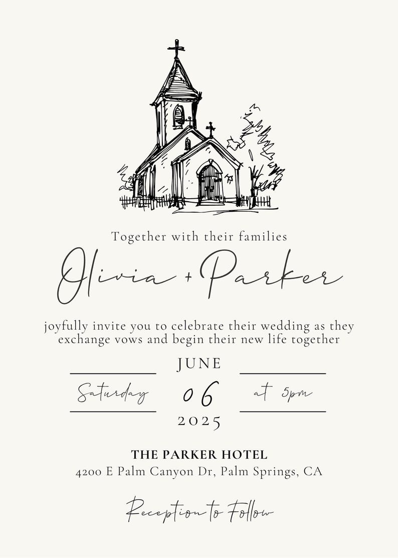 Editable Elegant Church Wedding Invitation Suite | Hand Drawn Chapel ...