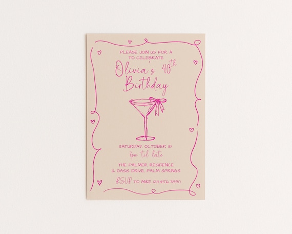 Editable Birthday Party Invitation | Hand Drawn Martini Glass Design | Canva Template (Digital Download)