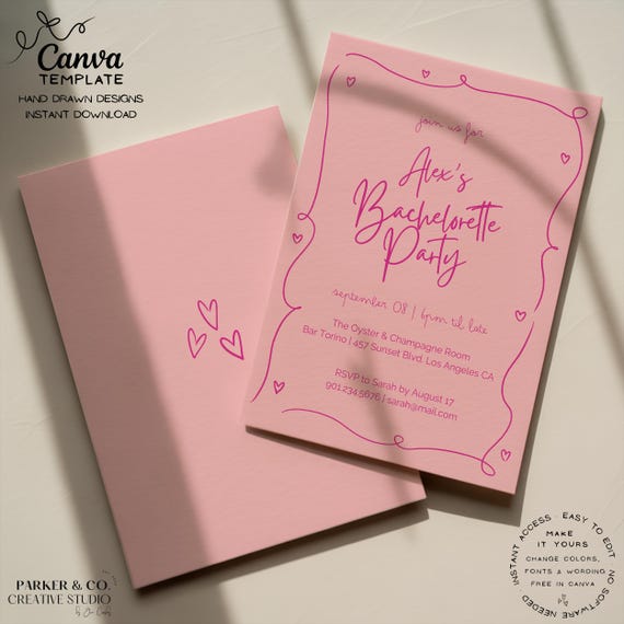 Editable Bachelorette Party Invitation | Hand Drawn Swirly Hearts Design | Canva Template (Digital Download)