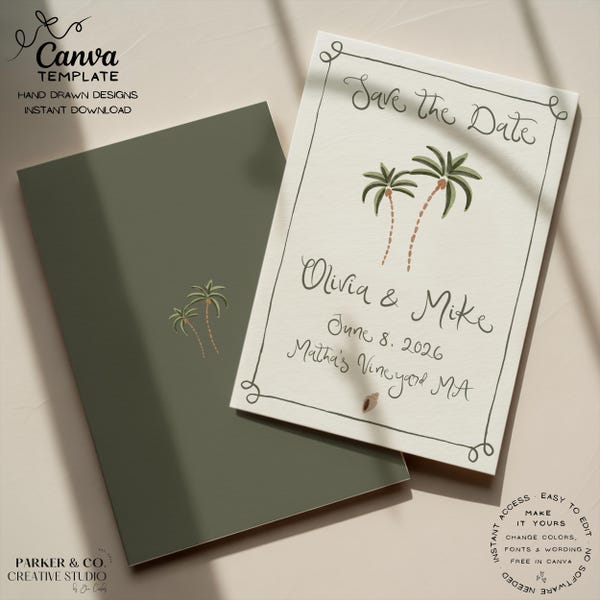 Editable Save the Date | Hand Drawn Whimsical Coastal Design | Canva Template (Digital Download)
