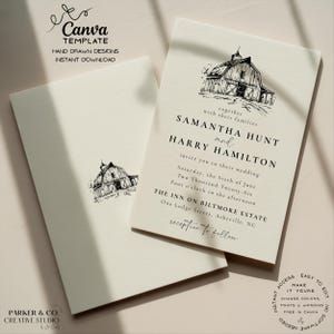 May include: Cream-colored wedding invitation with a sketch of a barn. The invitation includes the names Samantha Hunt and Harry Hamilton, wedding details, and the venue, The Inn on Biltmore Estate. The Canva template is a hand-drawn design.