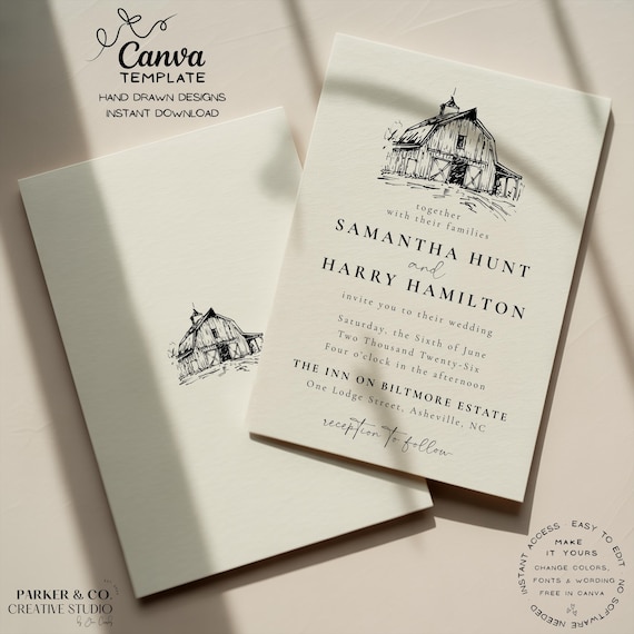 Editable Wedding Invitation | Hand Drawn Rustic Barn Design | Canva Template (Digital Download)