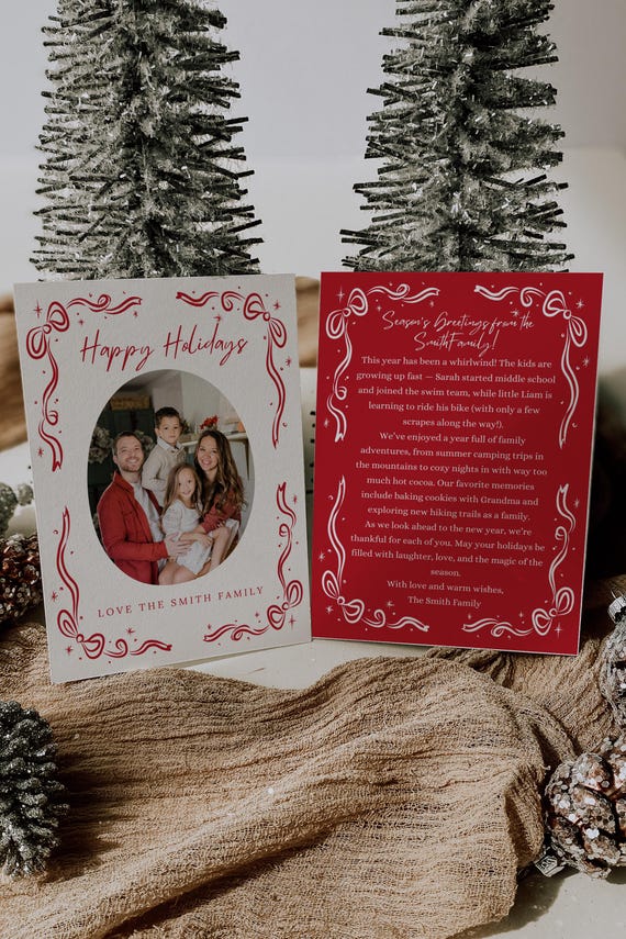 Editable Holiday Photo Card | Hand Drawn Christmas Bow Design | Canva Template (Digital Download)