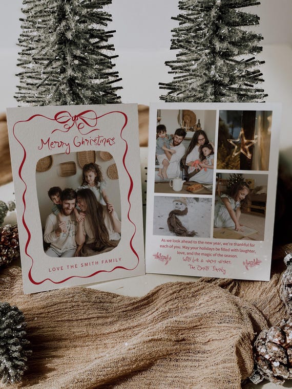 Editable Holiday Photo Card | Hand Drawn Christmas Bow Design | Canva Template (Digital Download)