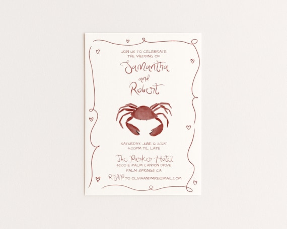 Whimsical Wedding Invitation Template | Hand Drawn Crab Design | Editable Canva Template (Digital Download)