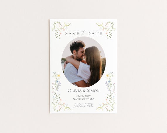 Editable Photo Save the Date | Hand Drawn Wildflower Floral Wedding Design | Canva Template (Digital Download)