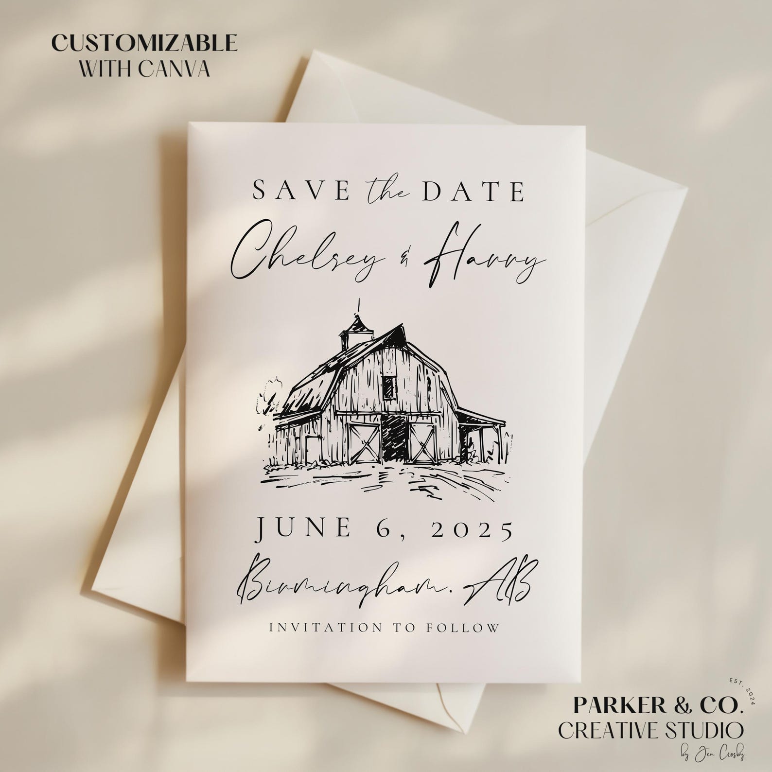 Editable Save the Date | Hand Drawn Rustic Country Barn Design | Canva ...