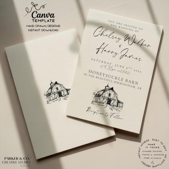 Rustic Barn Wedding Invitation | Hand Drawn Editable Canva Template (Digital Download)