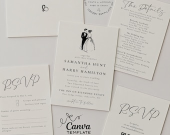 Wedding Invitation Suite | Elegant Hand Drawn Bride & Groom Design | Editable Canva Template (Digital Download)
