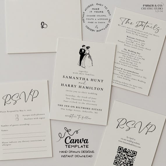 Wedding Invitation Suite | Elegant Hand Drawn Bride & Groom Design | Editable Canva Template (Digital Download)