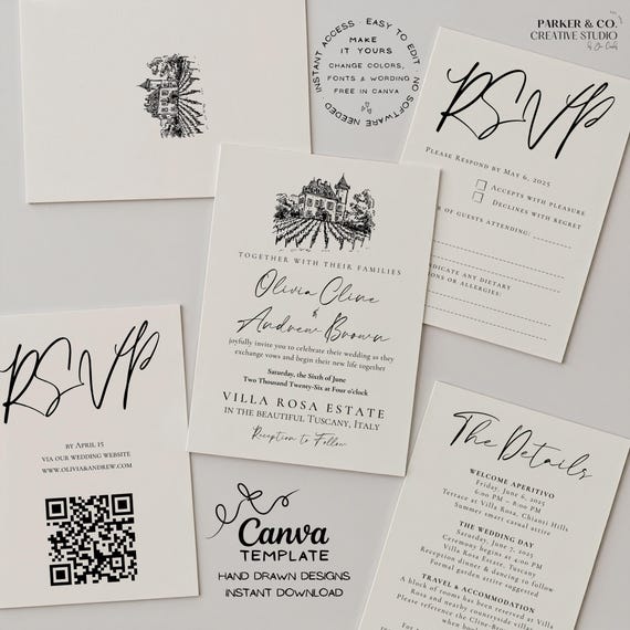 Vineyard Wedding Invitation Suite | Elegant Hand Drawn Villa Design | Editable Canva Template (Digital Download)