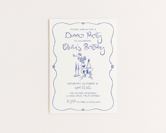 Editable Dinner Party Birthday Invitation | Hand Drawn Wine & Floral Design | Canva Template (Digital Download)