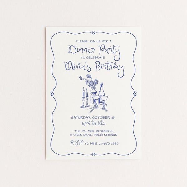 Editable Dinner Party Birthday Invitation | Hand Drawn Wine & Floral Design | Canva Template (Digital Download)