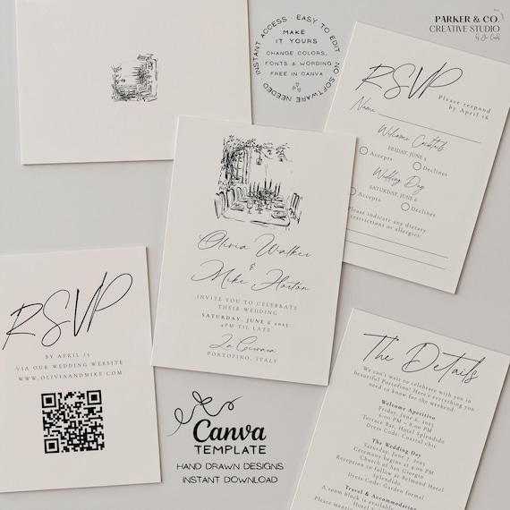 Mediterranean Wedding Invitation Suite | Hand Drawn Italian Garden Design | Editable Canva Template (Digital Download)