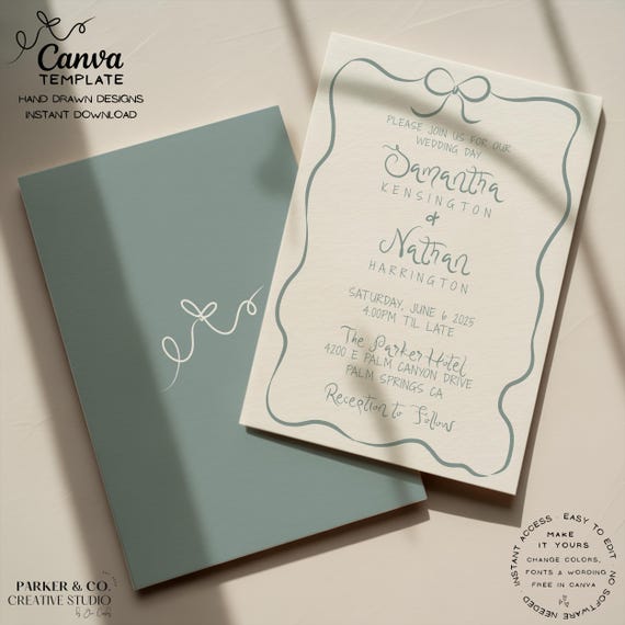 Whimsical Wedding Invitation Template | Minimalist Bow Design | Editable Canva Template (Digital Download)