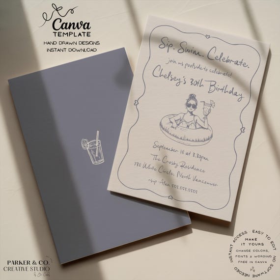Editable Pool Party Invitation | Hand Drawn Pool Float Girl Design | Canva Template (Digital Download)