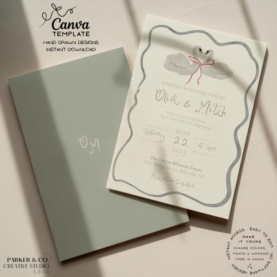 Wedding Invitation Template | Watercolor Swan Design | Editable Canva Template (Digital Download)