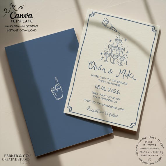 Wedding Invitation Template | Hand Drawn Champagne Tower Design | Editable Canva Template (Digital Download)