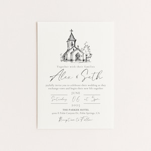 May include: A white wedding invitation card featuring a black ink sketch of a church at the top. The text reads: Together with their families, Alex & Seth, joyfully invite you to celebrate their wedding, June 06, 2025, at The Parker Hotel, Palm Springs, CA.