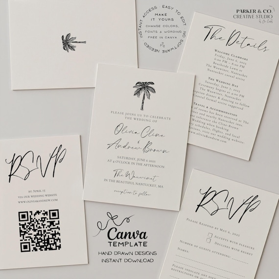 Coastal Wedding Invitation Suite | Hand Drawn Palm Tree Design | Editable Canva Template (Digital Download)